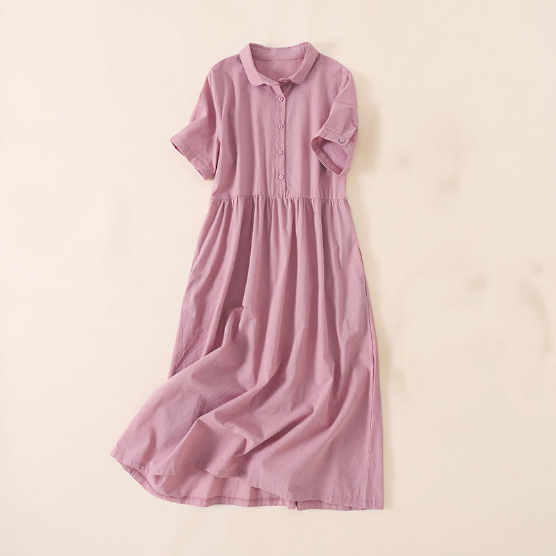 Buddha Stones Summer Buttons Design Short Sleeve Cotton Linen Midi Dress With Pockets - PaleVioletRed - US12，UK/AU16，EU44 (3XL) - image 0