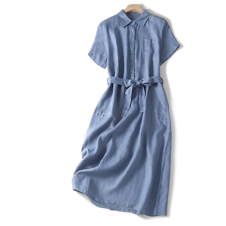 Buddha Stones Summer Lace-up Plain Short Sleeve Cotton Midi Dress With Pockets - LightSteelBlue - US8-10，UK/AU12-14，EU40-42 (2XL) - image 9