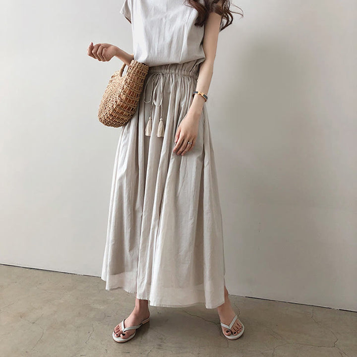 Buddha Stones Casual Eastic Waist Drawstring Design Short Sleeve Midi Dress - image 2