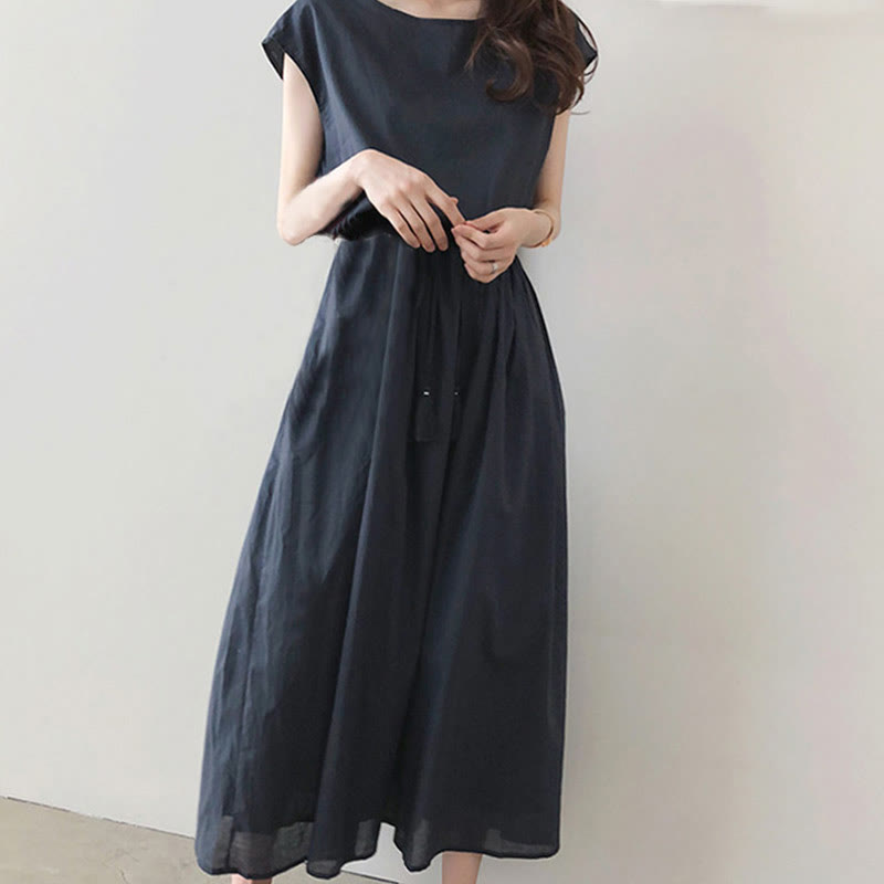 Buddha Stones Casual Eastic Waist Drawstring Design Short Sleeve Midi Dress - image 14
