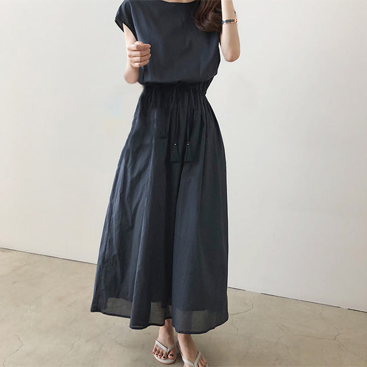 Buddha Stones Casual Eastic Waist Drawstring Design Short Sleeve Midi Dress - image 15