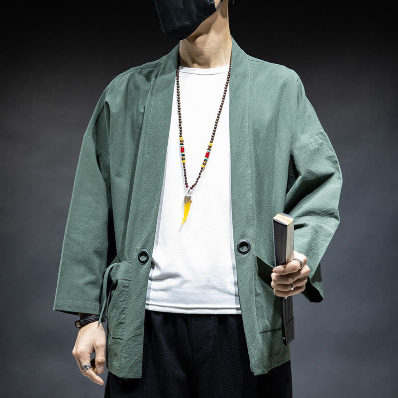 Buddha Stones Solid Color Lace-up Open Front Jacket Cotton Men's Kimono - MediumAquamarine - US/UK/AU46，EU56 (5XL) - image 22