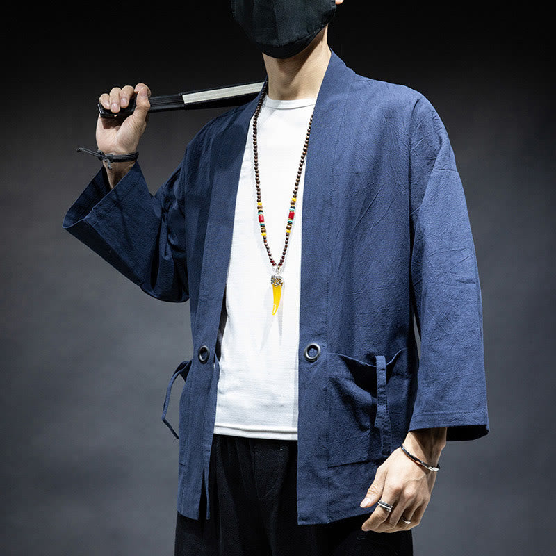 Buddha Stones Solid Color Lace-up Open Front Jacket Cotton Men's Kimono - image 4