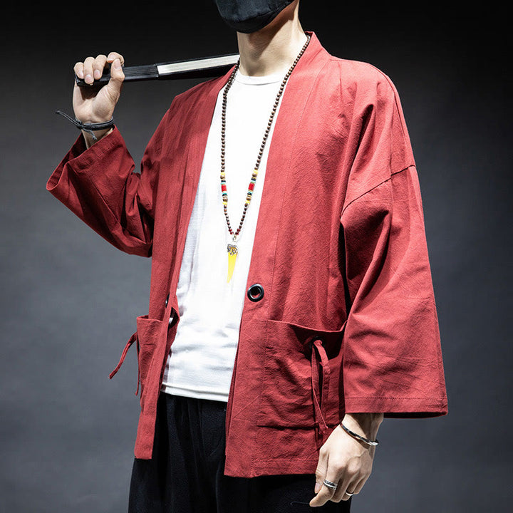Buddha Stones Solid Color Lace-up Open Front Jacket Cotton Men's Kimono - image 19