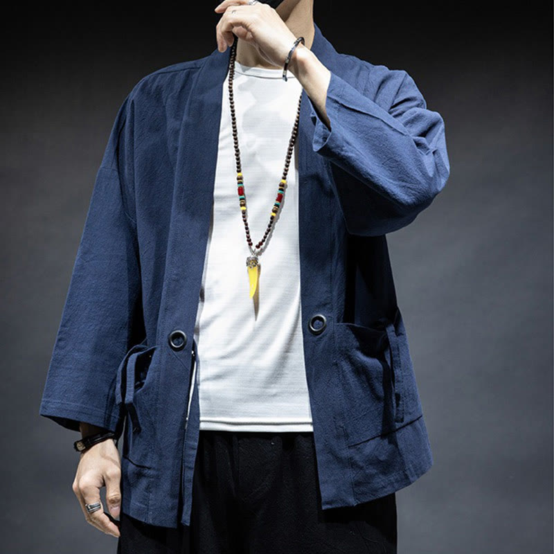 Buddha Stones Solid Color Lace-up Open Front Jacket Cotton Men's Kimono - image 3