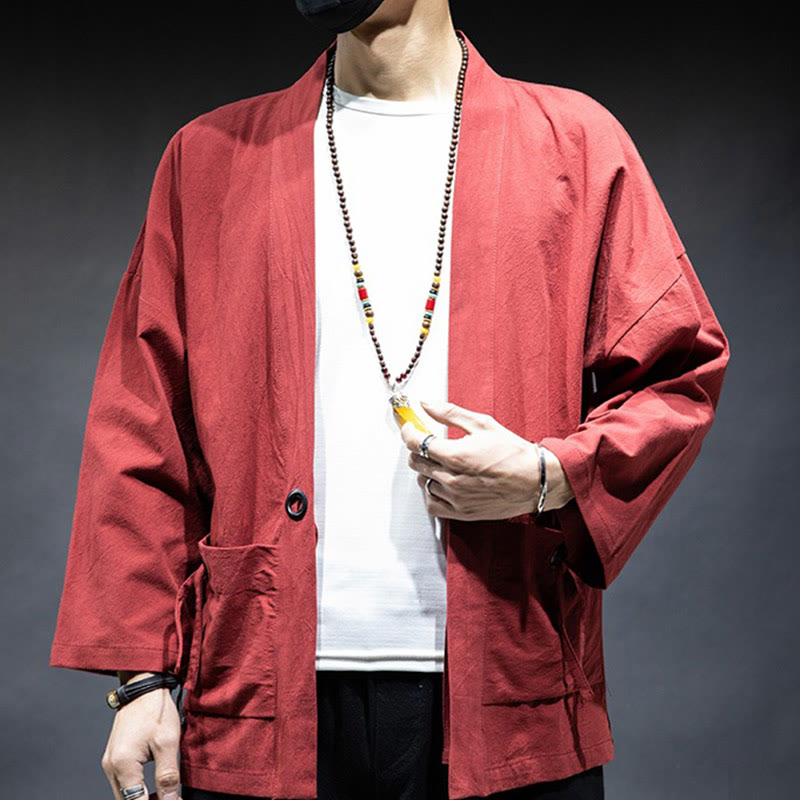 Buddha Stones Solid Color Lace-up Open Front Jacket Cotton Men's Kimono - image 17