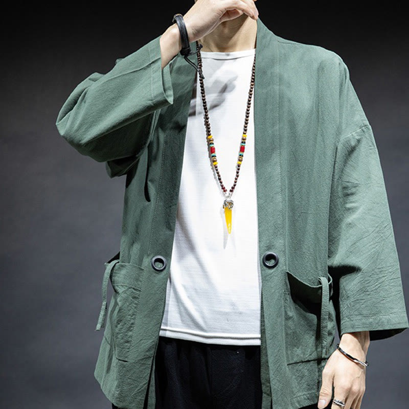 Buddha Stones Solid Color Lace-up Open Front Jacket Cotton Men's Kimono - image 25