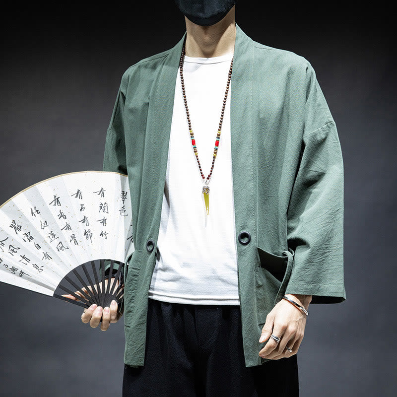 Buddha Stones Solid Color Lace-up Open Front Jacket Cotton Men's Kimono - image 23