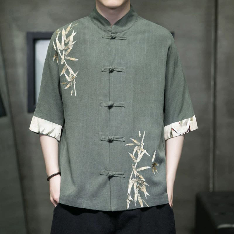 Buddha Stones Men's Frog-Button Bamboo Linen Half Sleeve Shirt - DarkSeaGreen - US/UK/AU42，EU52 (3XL) - image 6