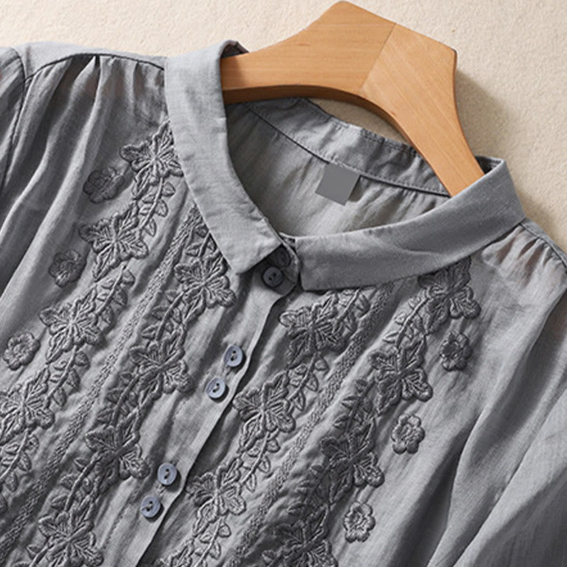 Buddha Stones Summer Plain Button Embroidery Flower Pattern Three Quarter Sleeve Lapel Cotton Linen Women's Shirt - image 15