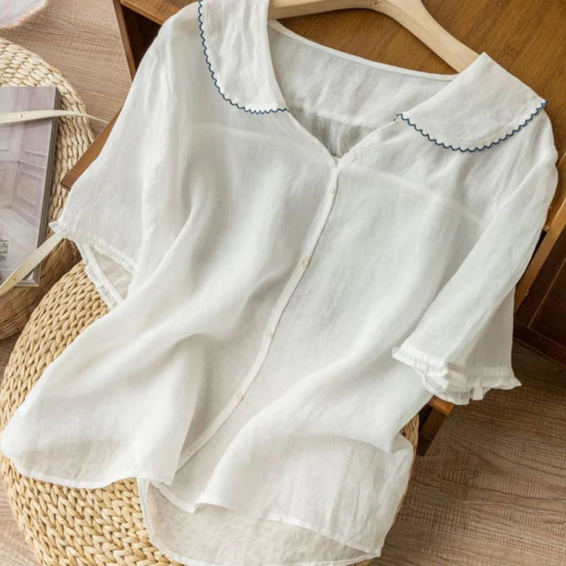 Buddha Stones Casual Plain Button Half Sleeve Middy Collar Women's Shirt - image 18