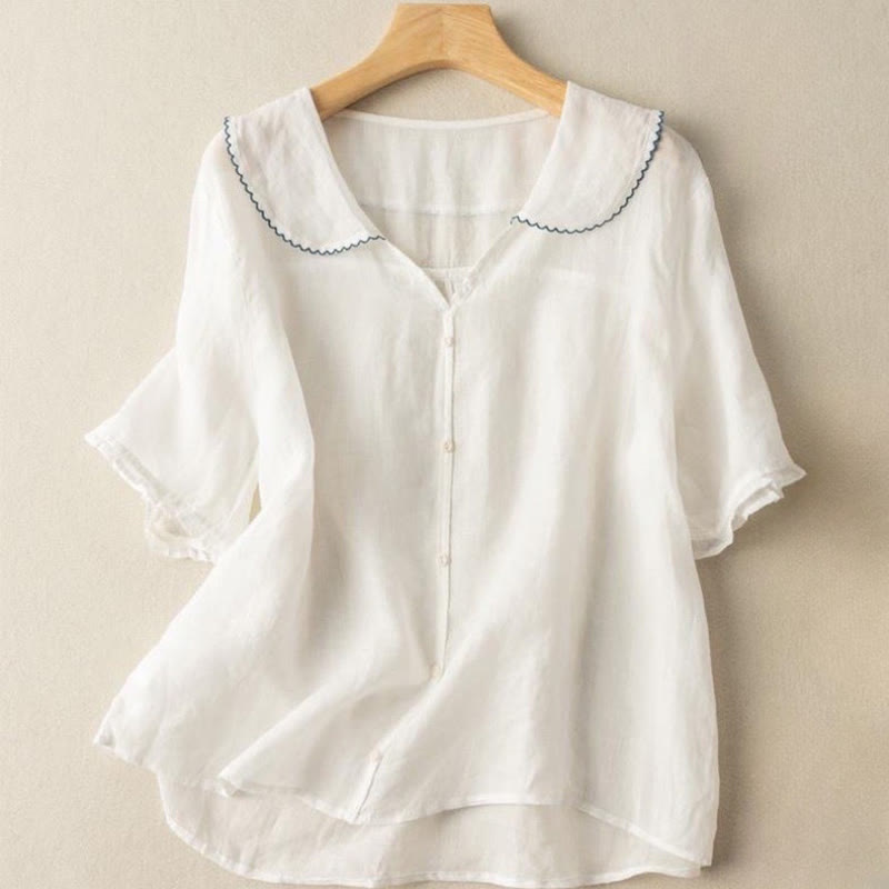 Buddha Stones Casual Plain Button Half Sleeve Middy Collar Women's Shirt - White - US12，UK/AU16，EU44 (2XL) - image 17
