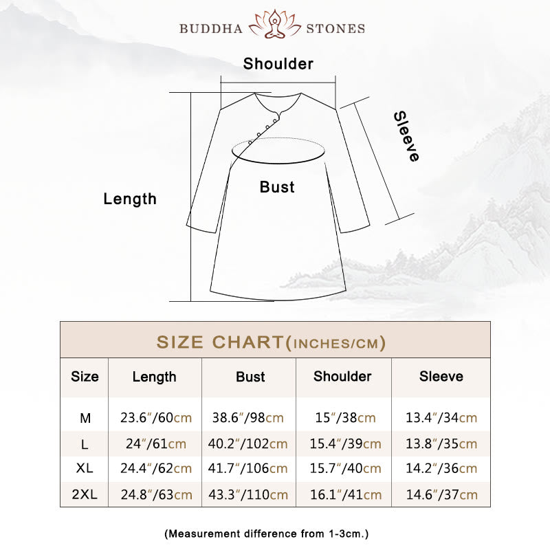 Buddha Stones Blue Flowers Orange Leaves Frog-Button Three Quarter Sleeve Cotton Linen Shirt - image 3