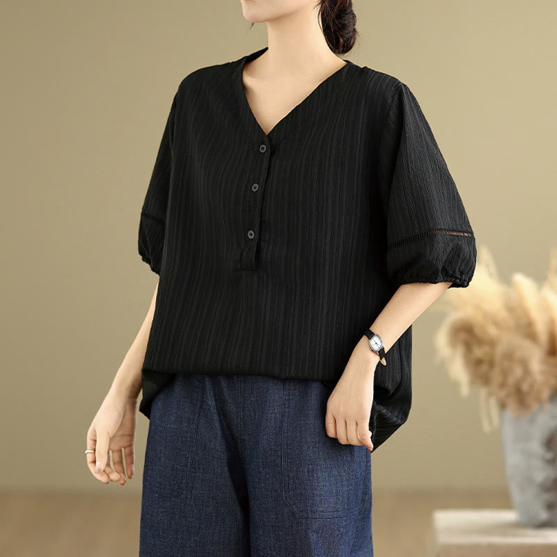 Buddha Stones Summer Casual Pure Half Puff Sleeve Half Button V-neck Women's T-Shirt - Black - US8-10，UK/AU12-14，EU40-42 (2XL) - image 11