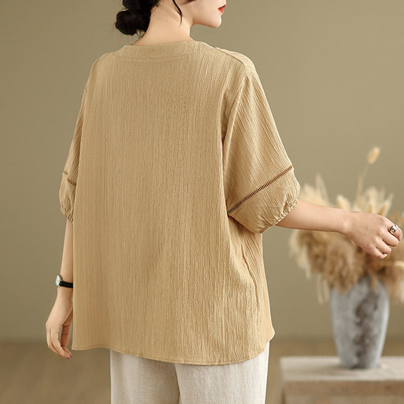 Buddha Stones Summer Casual Pure Half Puff Sleeve Half Button V-neck Women's T-Shirt - image 4