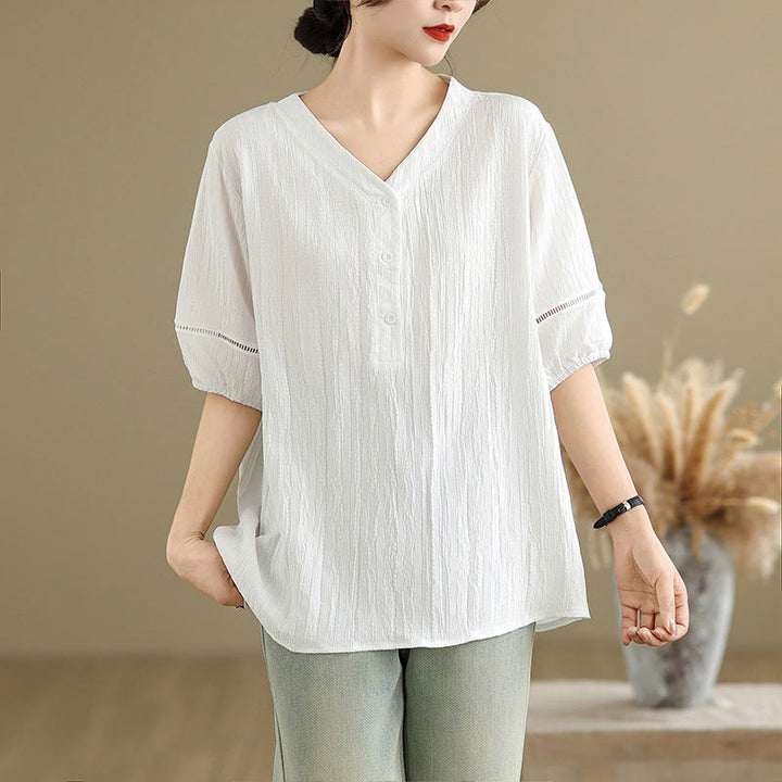Buddha Stones Summer Casual Pure Half Puff Sleeve Half Button V-neck Women's T-Shirt - White - US8-10，UK/AU12-14，EU40-42 (2XL) - image 18