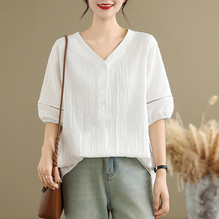 Buddha Stones Summer Casual Pure Half Puff Sleeve Half Button V-neck Women's T-Shirt - image 23