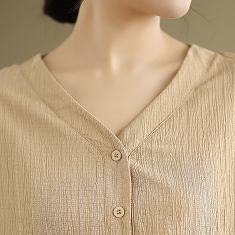 Buddha Stones Summer Casual Pure Half Puff Sleeve Half Button V-neck Women's T-Shirt - image 8