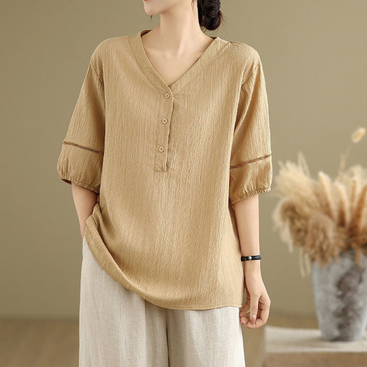 Buddha Stones Summer Casual Pure Half Puff Sleeve Half Button V-neck Women's T-Shirt - image 2