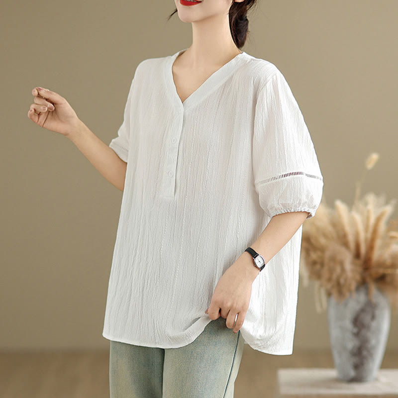 Buddha Stones Summer Casual Pure Half Puff Sleeve Half Button V-neck Women's T-Shirt - image 21