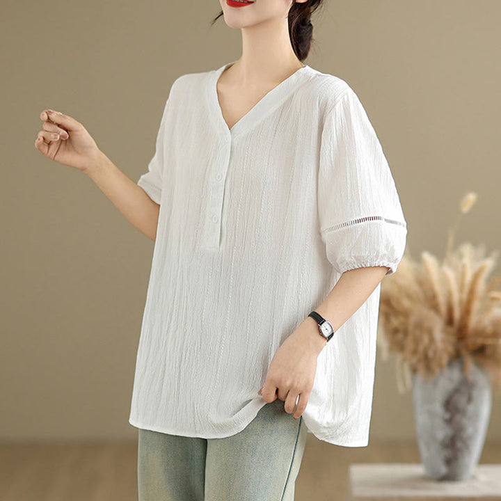 Buddha Stones Summer Casual Pure Half Puff Sleeve Half Button V-neck Women's T-Shirt - image 21
