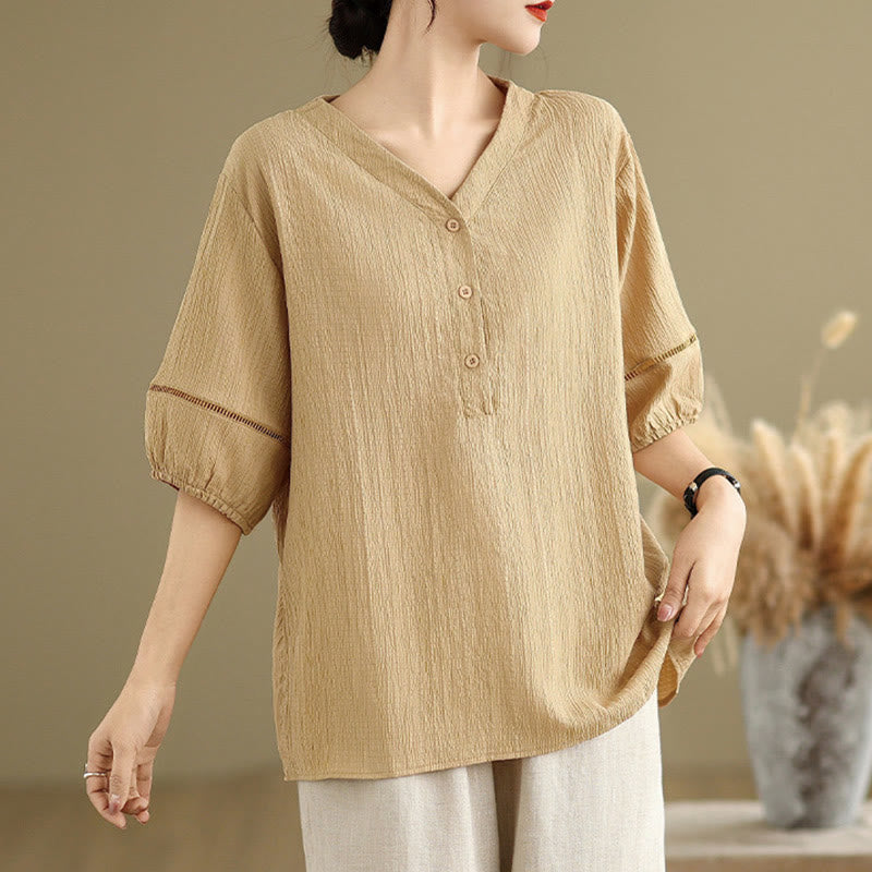 Buddha Stones Summer Casual Pure Half Puff Sleeve Half Button V-neck Women's T-Shirt - Khaki - US8-10，UK/AU12-14，EU40-42 (2XL) - image 0