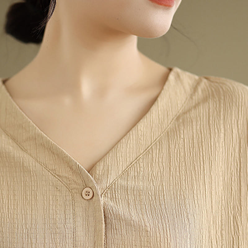 Buddha Stones Summer Casual Pure Half Puff Sleeve Half Button V-neck Women's T-Shirt - image 7