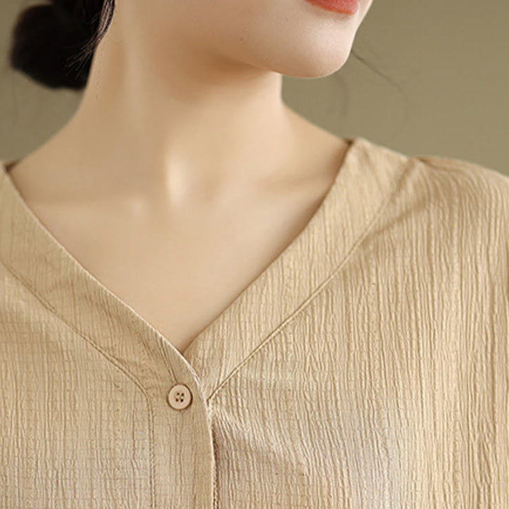 Buddha Stones Summer Casual Pure Half Puff Sleeve Half Button V-neck Women's T-Shirt - image 7