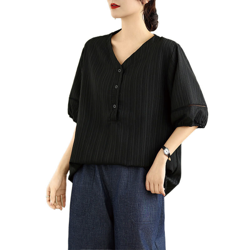 Buddha Stones Summer Casual Pure Half Puff Sleeve Half Button V-neck Women's T-Shirt - image 17