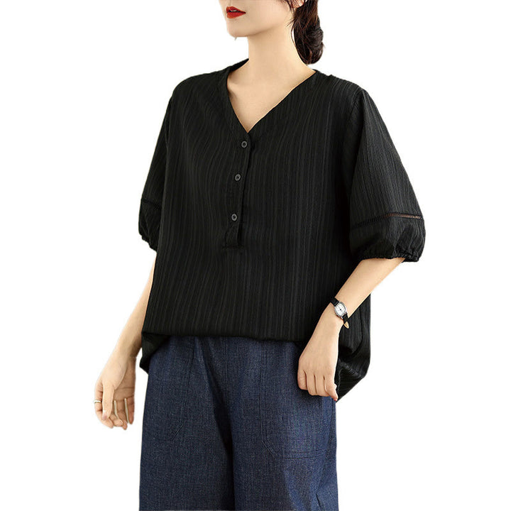 Buddha Stones Summer Casual Pure Half Puff Sleeve Half Button V-neck Women's T-Shirt - image 17