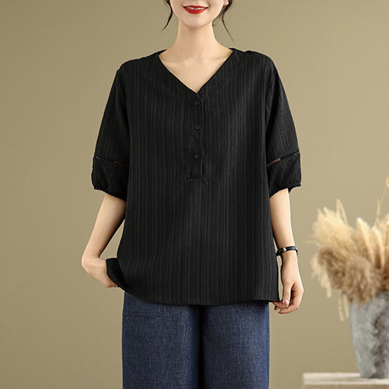 Buddha Stones Summer Casual Pure Half Puff Sleeve Half Button V-neck Women's T-Shirt - image 12