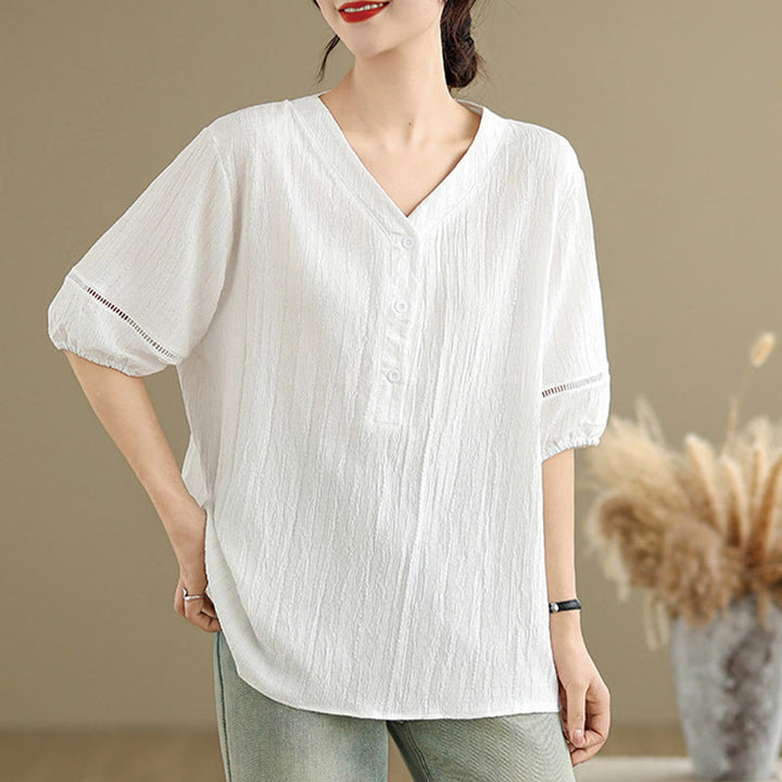 Buddha Stones Summer Casual Pure Half Puff Sleeve Half Button V-neck Women's T-Shirt - image 19