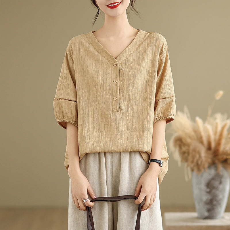 Buddha Stones Summer Casual Pure Half Puff Sleeve Half Button V-neck Women's T-Shirt - image 1