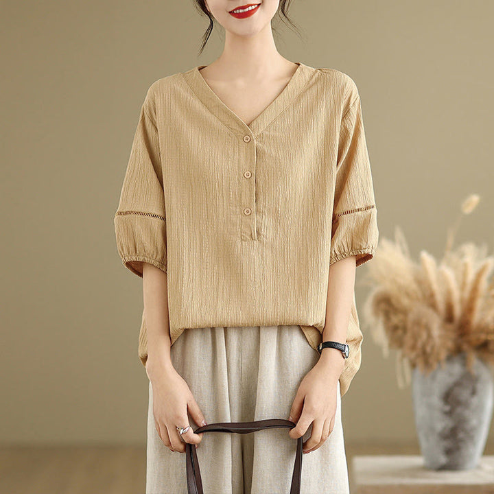 Buddha Stones Summer Casual Pure Half Puff Sleeve Half Button V-neck Women's T-Shirt - image 1