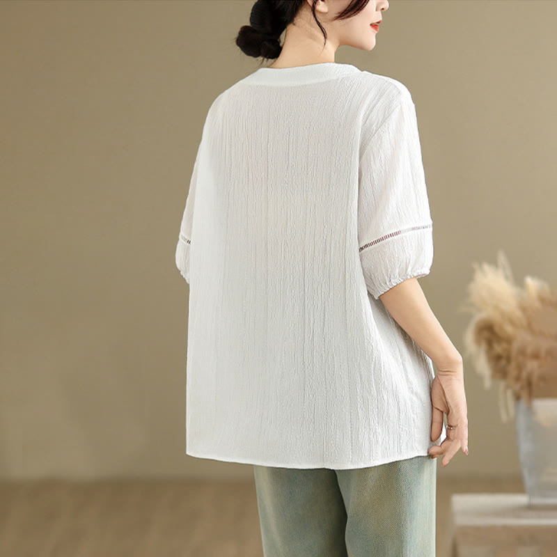 Buddha Stones Summer Casual Pure Half Puff Sleeve Half Button V-neck Women's T-Shirt - image 22