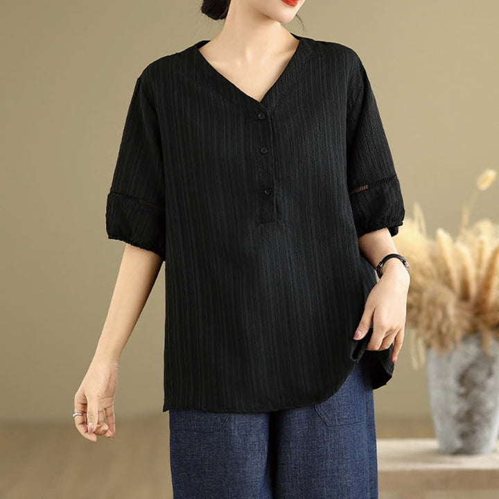 Buddha Stones Summer Casual Pure Half Puff Sleeve Half Button V-neck Women's T-Shirt - image 13
