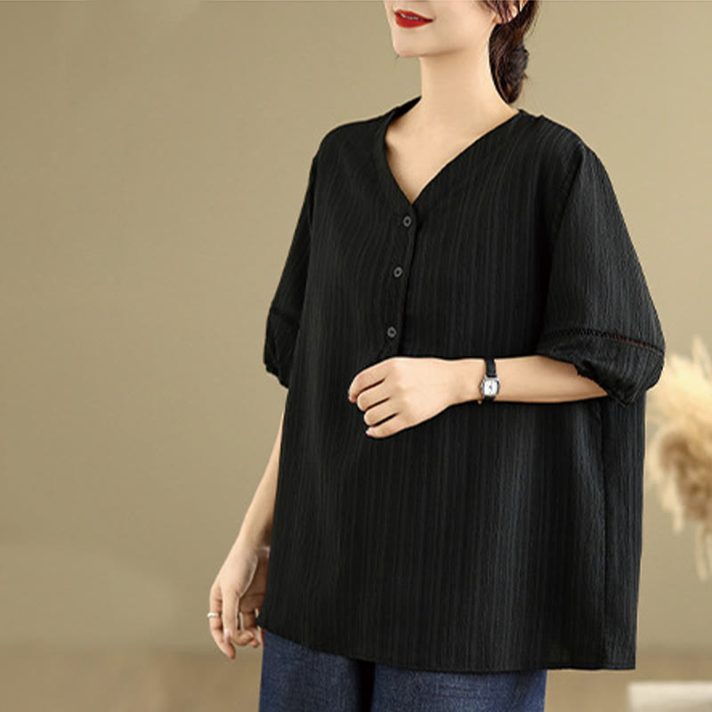 Buddha Stones Summer Casual Pure Half Puff Sleeve Half Button V-neck Women's T-Shirt - image 14