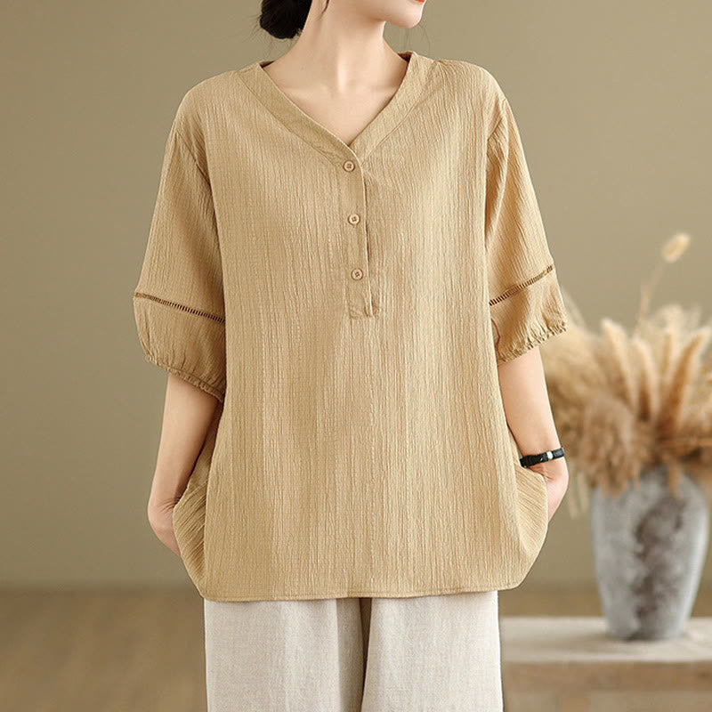 Buddha Stones Summer Casual Pure Half Puff Sleeve Half Button V-neck Women's T-Shirt - image 5