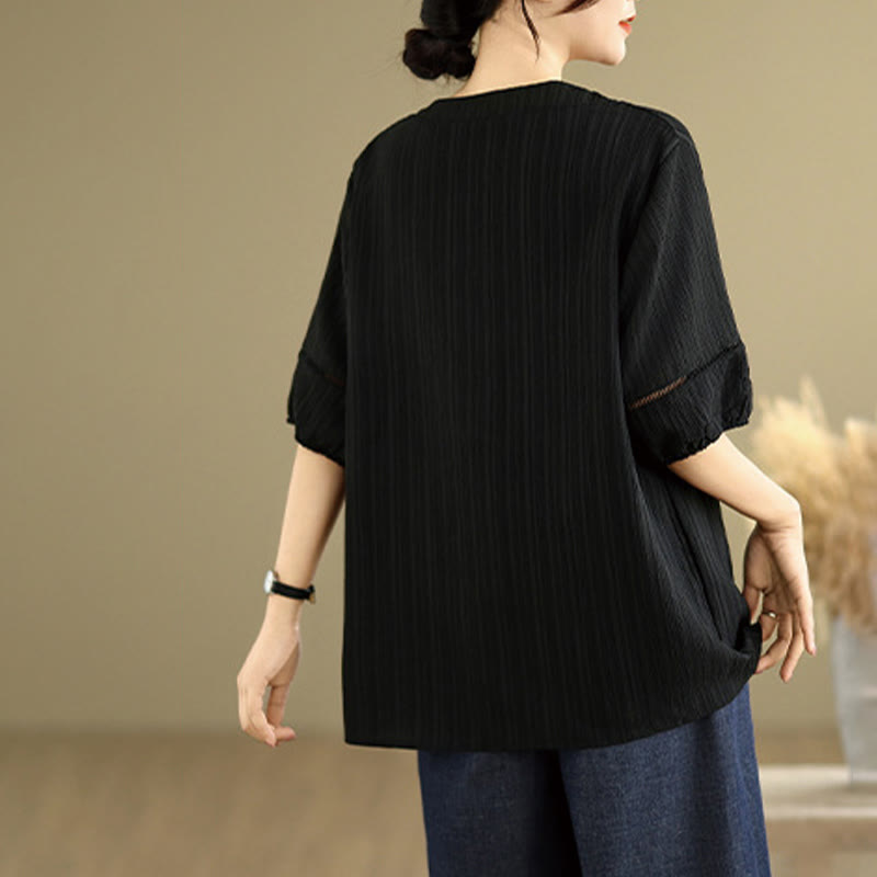 Buddha Stones Summer Casual Pure Half Puff Sleeve Half Button V-neck Women's T-Shirt - image 15