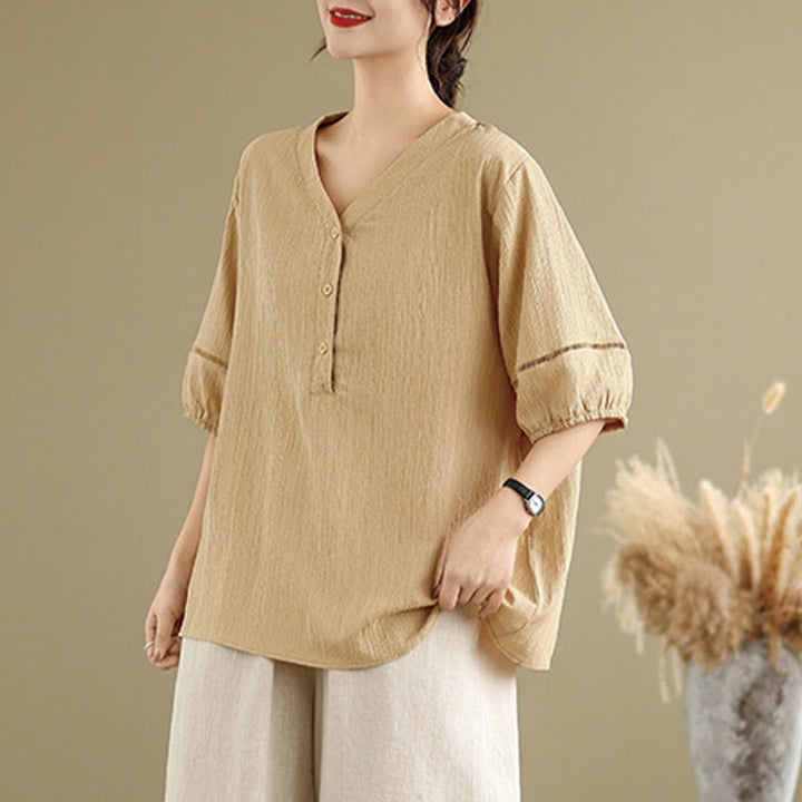 Buddha Stones Summer Casual Pure Half Puff Sleeve Half Button V-neck Women's T-Shirt - image 3