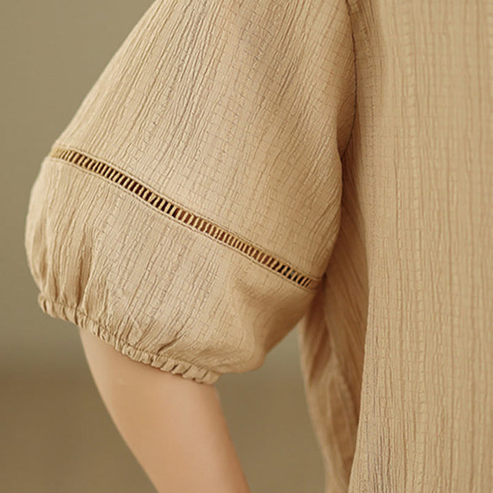 Buddha Stones Summer Casual Pure Half Puff Sleeve Half Button V-neck Women's T-Shirt - image 9