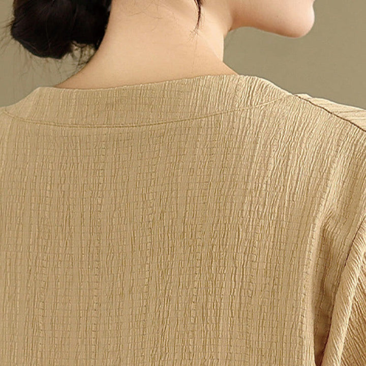 Buddha Stones Summer Casual Pure Half Puff Sleeve Half Button V-neck Women's T-Shirt - image 6