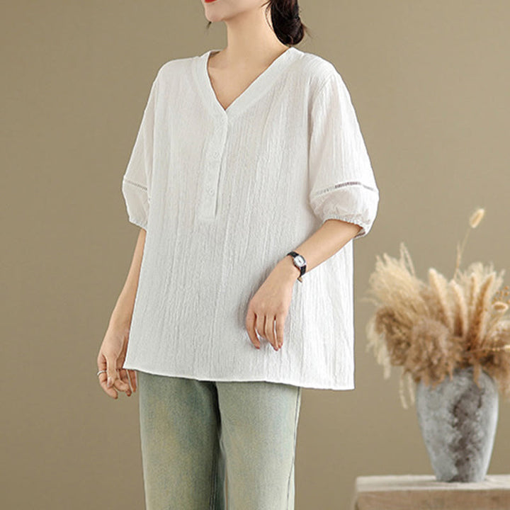 Buddha Stones Summer Casual Pure Half Puff Sleeve Half Button V-neck Women's T-Shirt - image 20