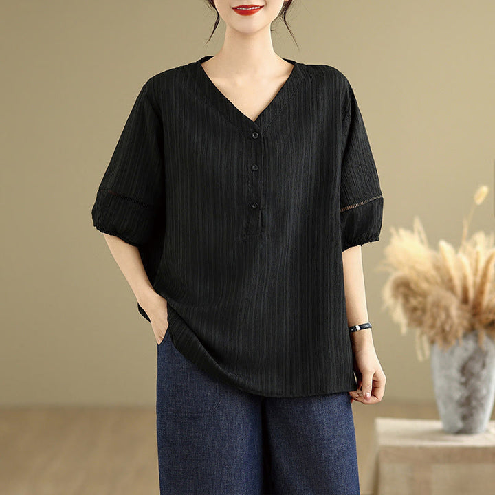 Buddha Stones Summer Casual Pure Half Puff Sleeve Half Button V-neck Women's T-Shirt - image 16