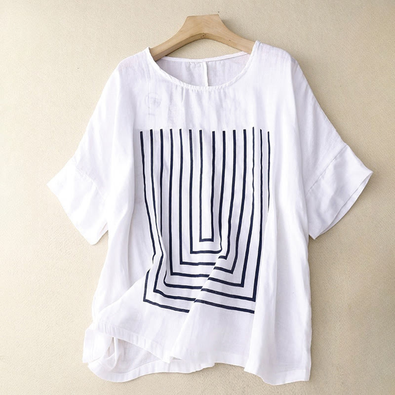 Buddha Stones Casual Line Printing Pattern Short Sleeve Cotton Linen Women's T-Shirt - White - US12，UK/AU16，EU44 (2XL) - image 12