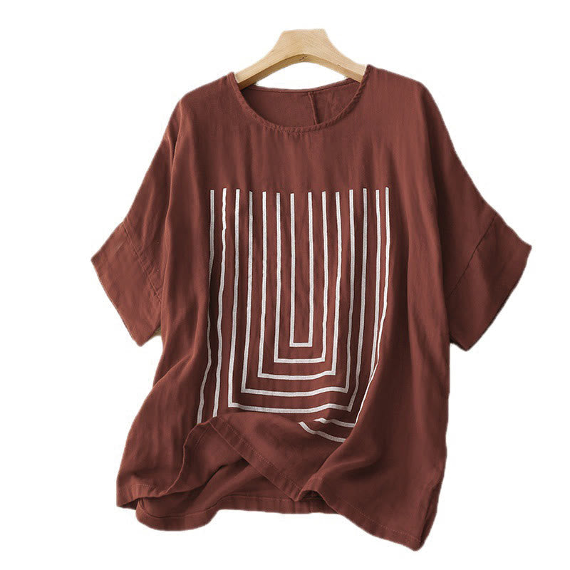 Buddha Stones Casual Line Printing Pattern Short Sleeve Cotton Linen Women's T-Shirt - image 11