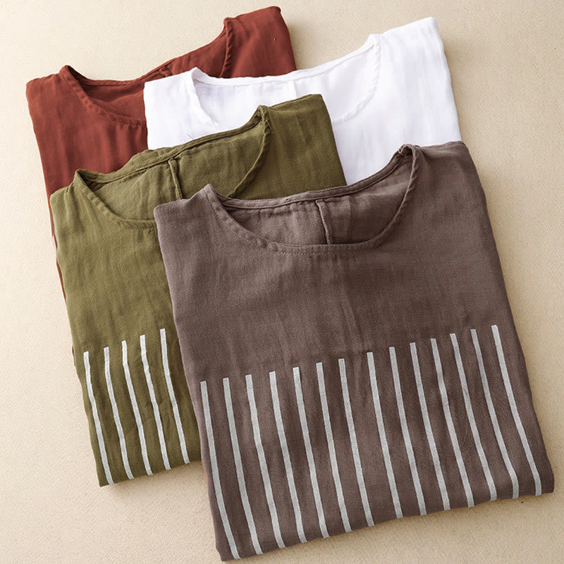 Buddha Stones Casual Line Printing Pattern Short Sleeve Cotton Linen Women's T-Shirt - image 23