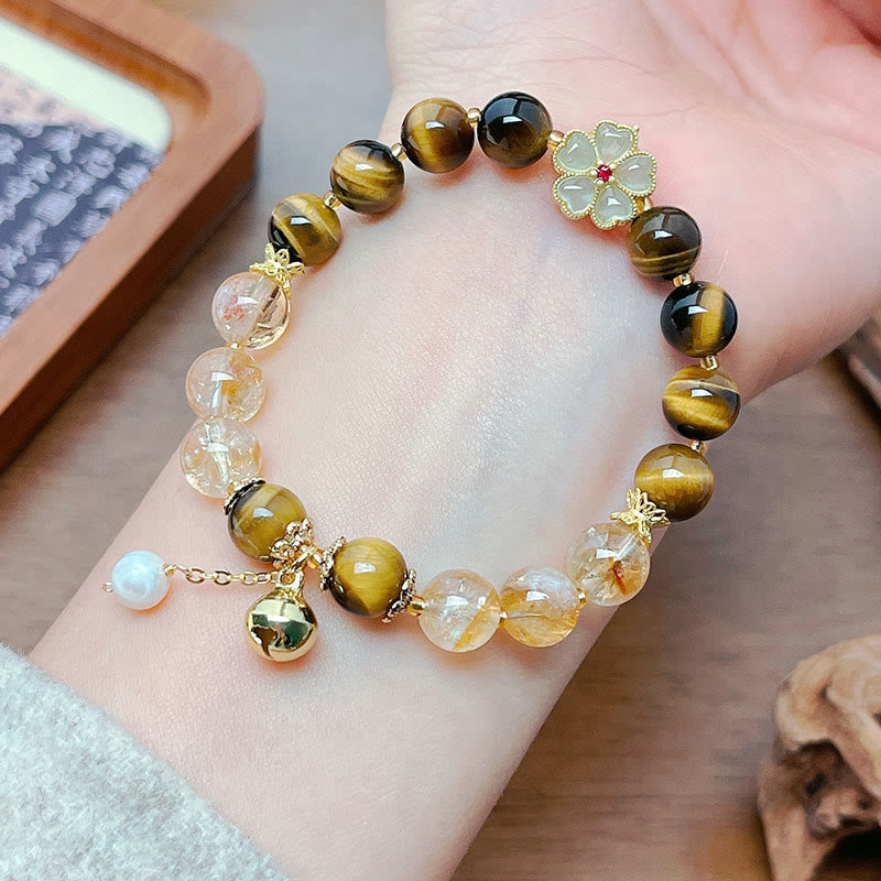 Buddha Stones Natural Tiger Eye Citrine Beads Flower Bell Courage Bracelet - image 1