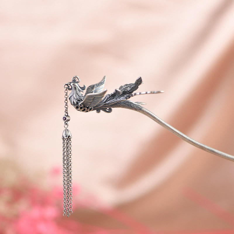 Buddha Stones 925 Sterling Silver Phoenix Tassels Protection Hairpin - Phoenix Hairpin - image 0