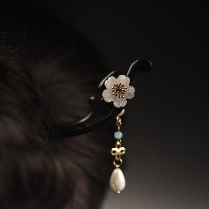Buddha Stones Ebony Flower Butterfly Blessing Hairpin - Black-White Flower - image 6